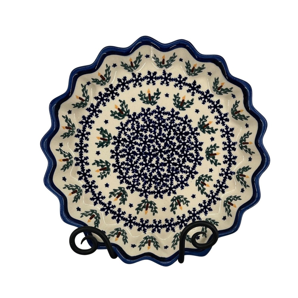 Boleslawiec Polish Pottery Christmas Pie‎ Dish Scalloped Snowflake Candle 10.5in